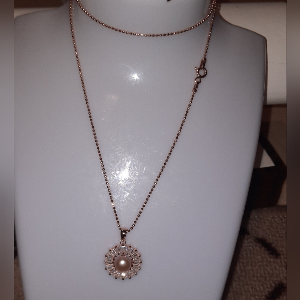 GENUINE FRESHWATER PEARL BAGUETTES CZ 14K ROSE GOLD OVER STERLING SILVER CHAIN